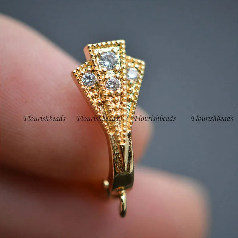 Anti-rust Gold color Paved CZ 15X20mm Triangle Shape Metal Copper Earring Hooks Jewelry findings 30pc per lot