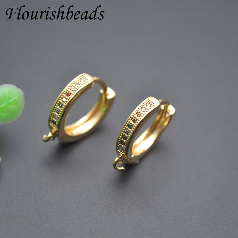 Paved Colorful Zirconia Beads Round Earring Hooks 18k Gold Color Earring Hoops for Women DIY Jewelry Making 30pcs/lot