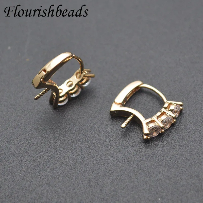 Real Gold Plating CZ Beads Paved Spiral Pin Style Fit Half Hole Beads Earring Stud Hooks Clasp for Jewelry Making 30pcs/lot