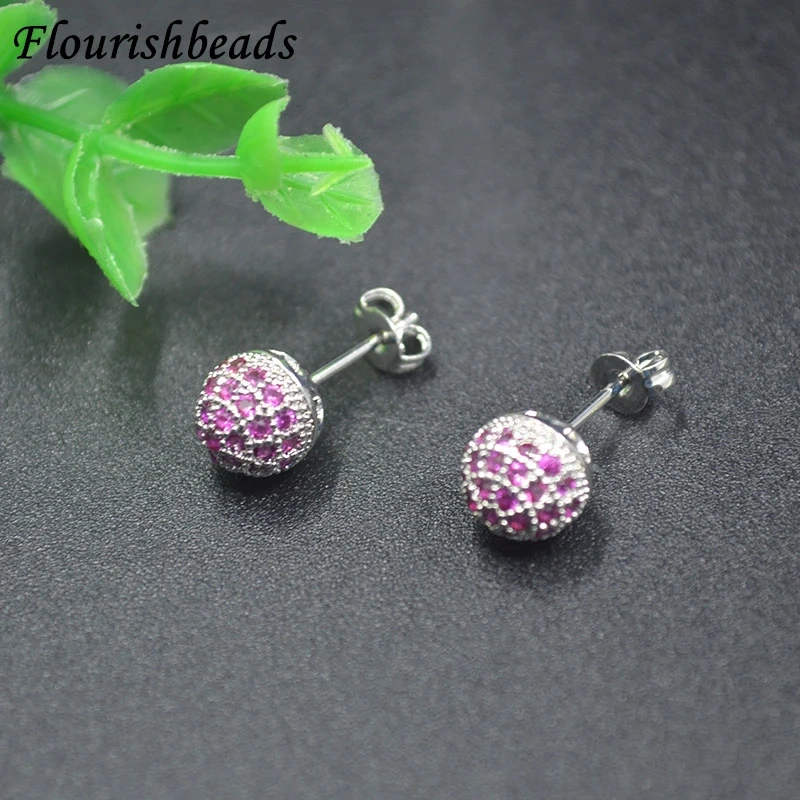 Luxury Metal Anti Fading Colored Zircon Round Ball Shape Stud Earring for Fashion Girl Jewelry 20pcs/lot