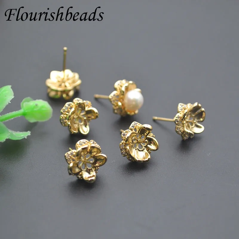 Gold Color Flower Shape Paved CZ Beads Stud Earring for Half Hole Bead Earring Making 30pcs/lot