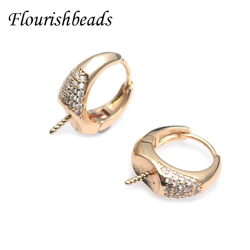 Gold Color CZ Paved Circle Shape Screw Pin Earring Hooks Fit 12mm Half Hole Beads DIY  Handmade Jewelry Making