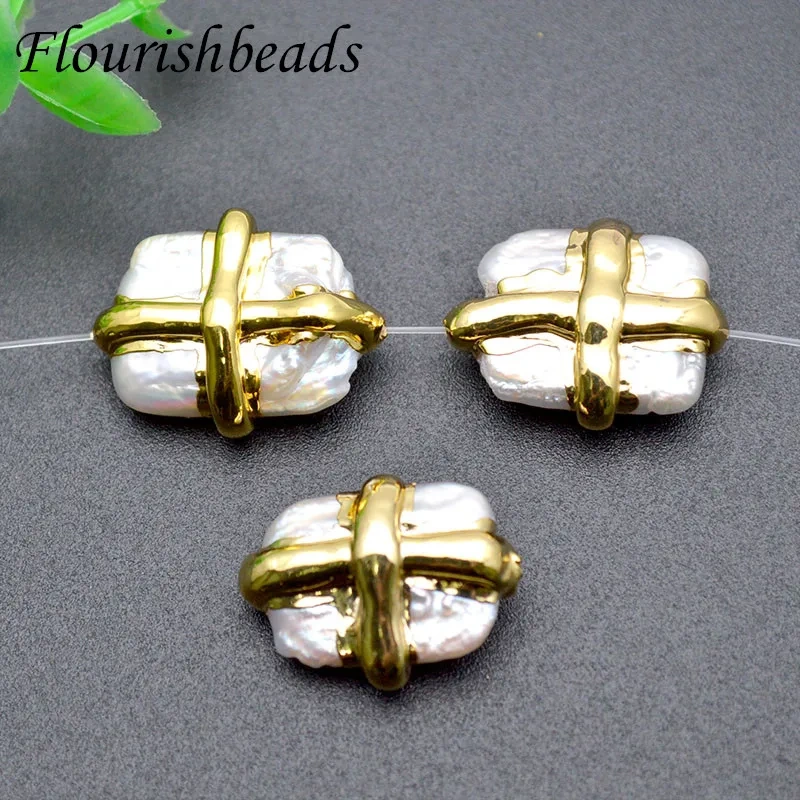 Natural White Pearl Anti-Fading Cross Shape Gold Plating Square Loose Beads Fit Necklace Making 10pc Per Lot