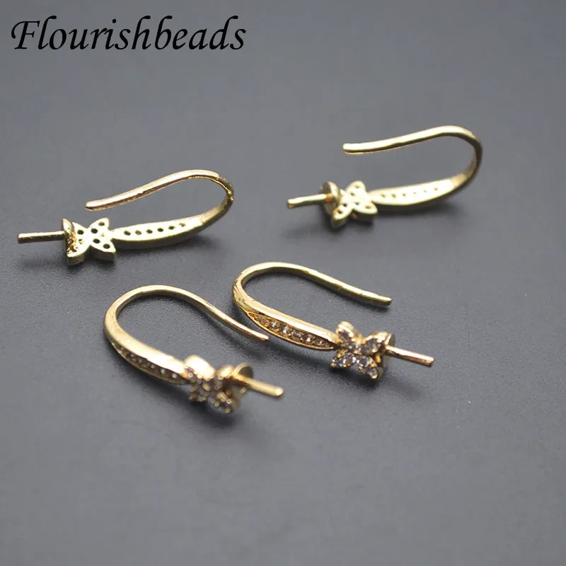 10x19mm Gold Color Paved CZ Beads Earring Findings Stud Earwire DIY Half Hole Pearl Earrings Jewelry Making Accessories 30pcs