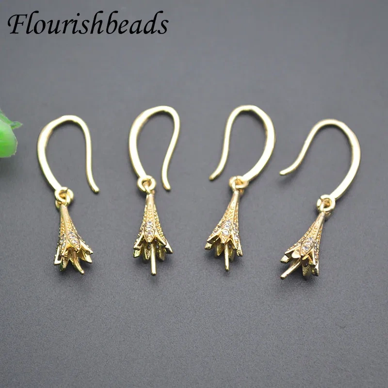 Copper Gold Plated Flower Shape Ear Wire Empty Bracket Paved Zirconia for DIY Pearl Dangle Earrings 30pcs/lot