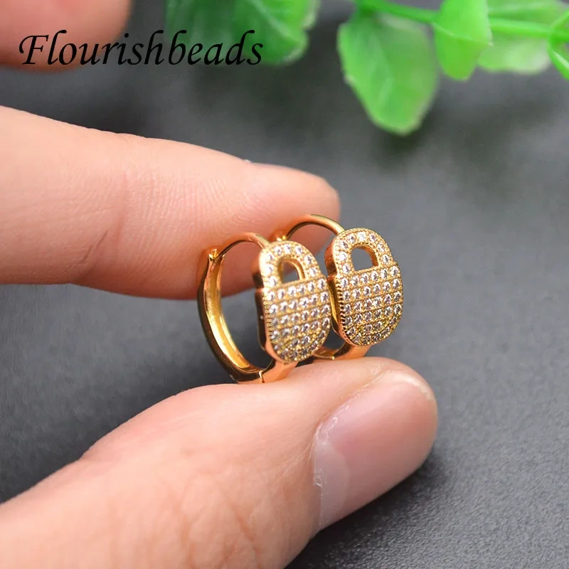 20pcs/lot Nickel Free Anti Rust Real Gold Plating CZ Paved Lock Shape Round Earrings Hooks for Jewelry Making Supplies