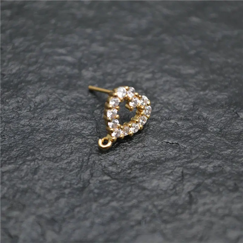 New Design CZ Zircon Beads Paved Heart Shape Metal Earrings Stud Brass Jewelry Findings Gold Color / Rhodium Silver Color 30pcs
