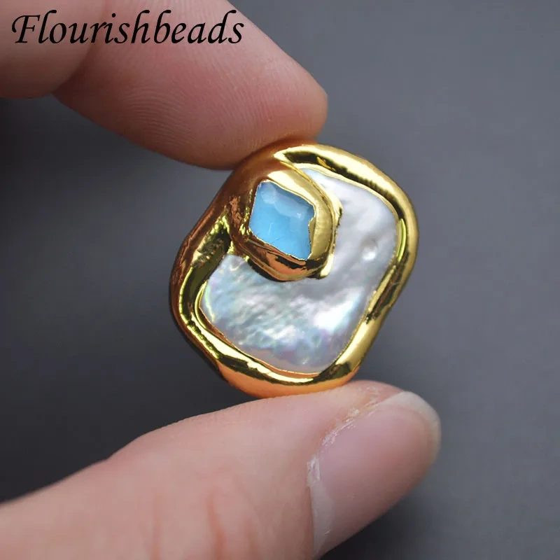 18K Gold Plated Natural Baroque Pearl Pavde Stone Flat Square Loose Spacer Beads DIY Fashion Necklace Accessories 10pcs/lot