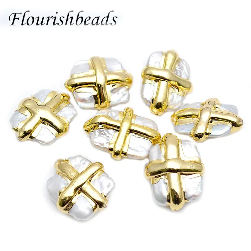 Anti-Fading Cross Shape Gold Plating  Natural White Pearl Square Loose Beads fit Necklace making