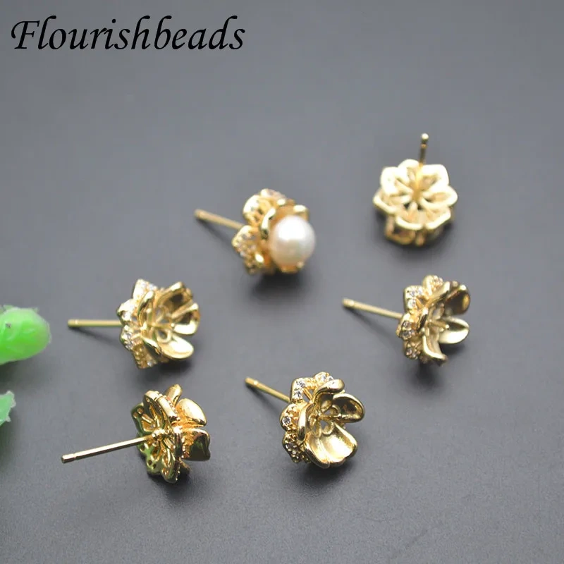 Gold Color Flower Shape Paved CZ Beads Stud Earring for Half Hole Bead Earring Making 30pcs/lot