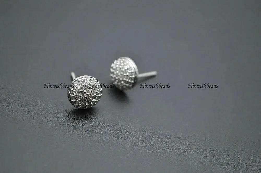 Paved White CZ Beads 7mm 9mm Metal Copper Round Shape Stud Earring Parts Jewelry Findings 10pr Per Lot