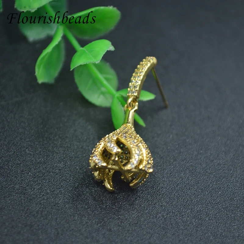 High Quality Gold Silver Color Flower Dangling Ear Hook Stud Earrings CZ Beads Paved Fashion Women Nickel Free Party Jewelry