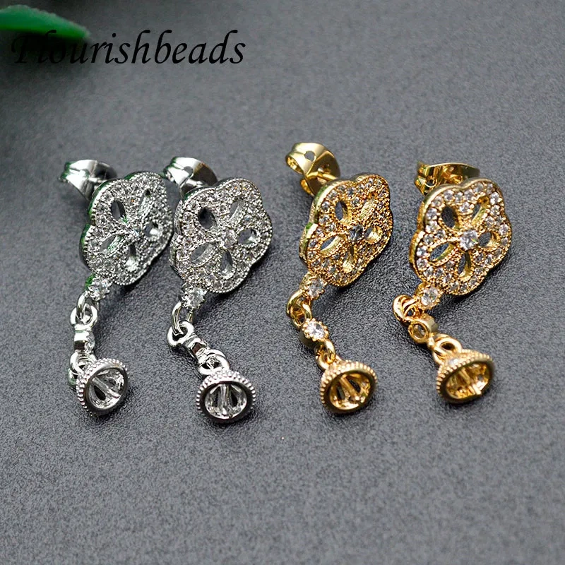 Nickel Free Gold Plating Flower Shape Earring Hooks CZ Beads Paved for Fashion Jewelry Making Accessories 20pcs Per Lot
