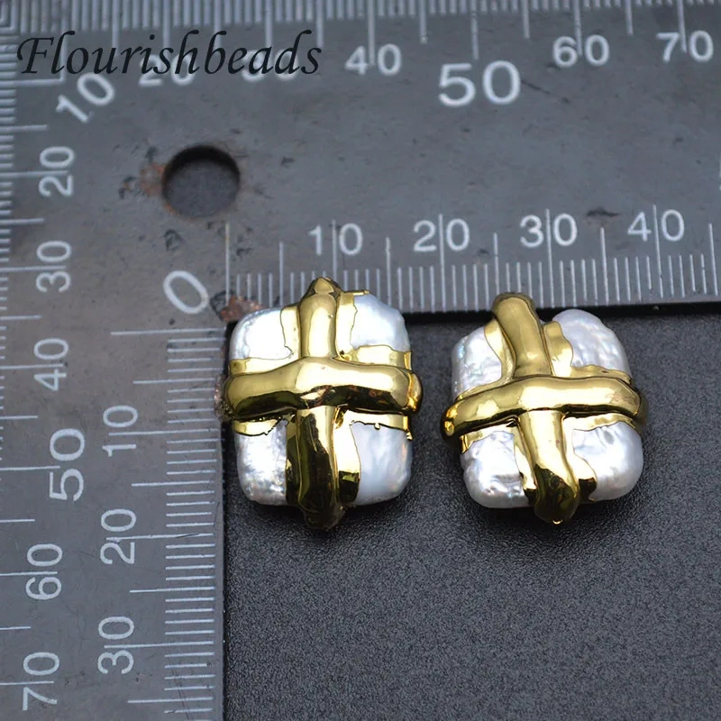 Anti-Fading Cross Shape Gold Plating  Natural White Pearl Square Loose Beads fit Necklace making