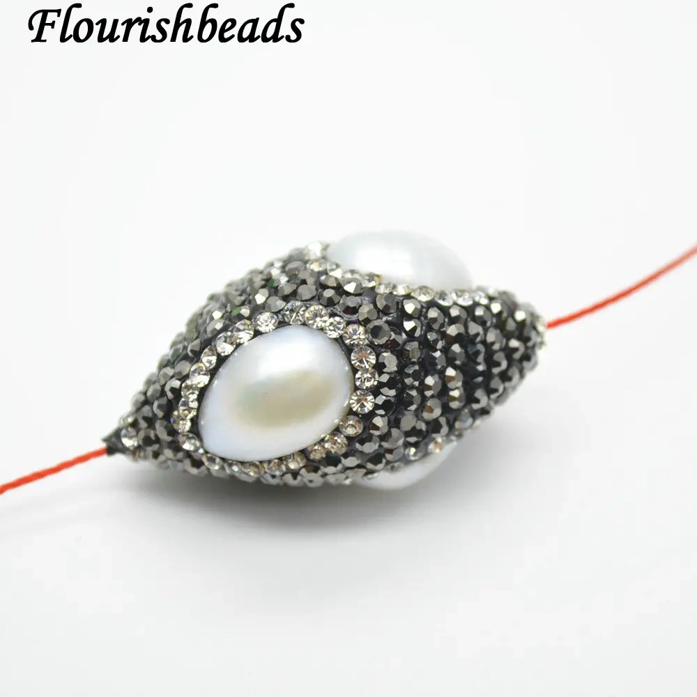 Paved Black Crystal and White Fresh Water Pearl Big size Oval Marquis Eye Shape Loose Beads 10pc per lot Jewelry making