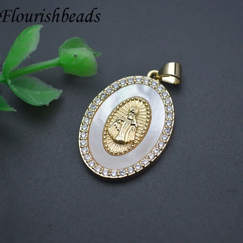 10pcs/lot Oval Shape Classic Strong Arm Virgin Mary Christ Mother of Pearl Pendant Charms for Jewelry Making
