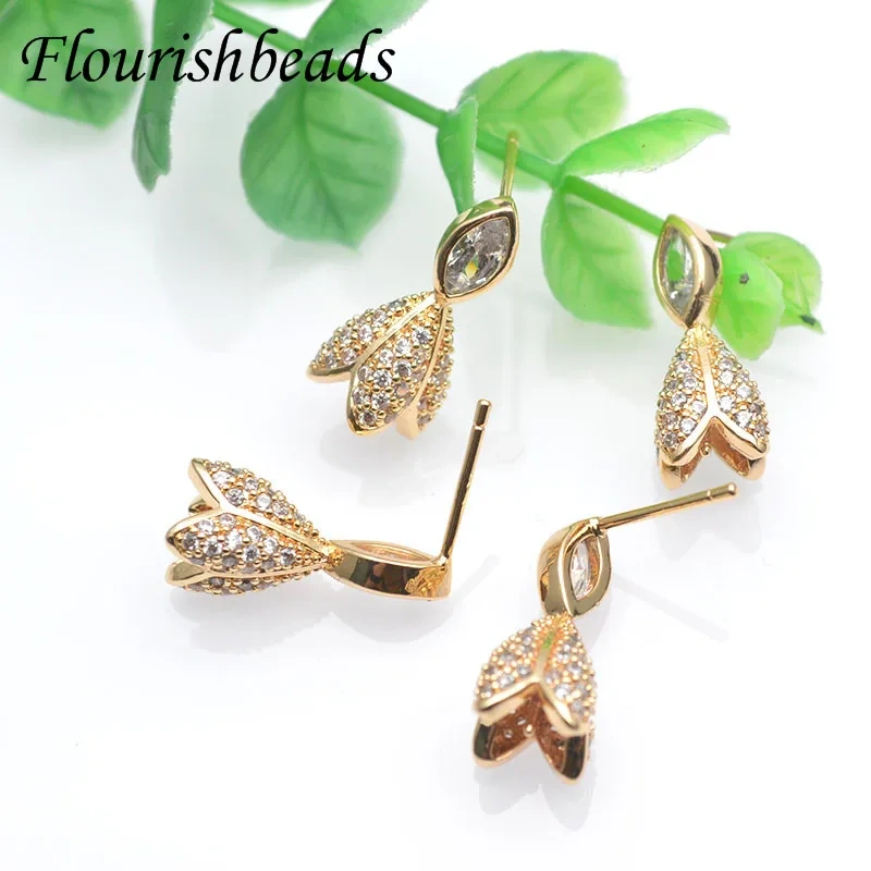 Luxurious Paved CZ Beads Double Flower Petal Leaf Tassel Earring Hooks Fit 6mm Gemstone Beads Jewelry Findings 10pc/lot