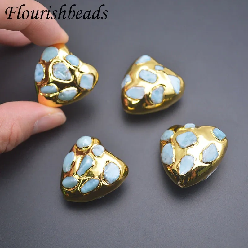 Vintage Gold Plated Stone Loose Beads Heart Shape Through Hole Bead for DIY Earrings Necklace Jewelry Making 5pcs/lot