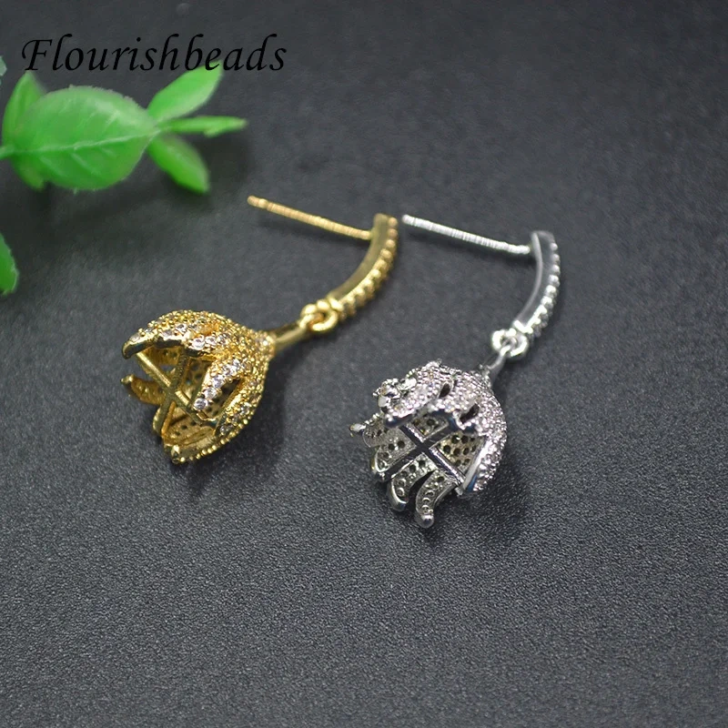 High Quality Gold Silver Color Flower Dangling Ear Hook Stud Earrings CZ Beads Paved Fashion Women Nickel Free Party Jewelry