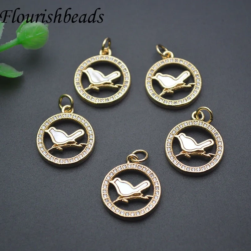 Natural Shell Paved Zircon Round Dove Shape Pendant Charms for Women Handmade DIY Necklace Jewelry Making 10pcs/lot