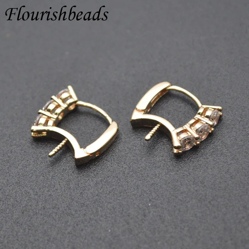 Real Gold Plating CZ Beads Paved Spiral Pin Style Fit Half Hole Beads Earring Stud Hooks Clasp for Jewelry Making 30pcs/lot