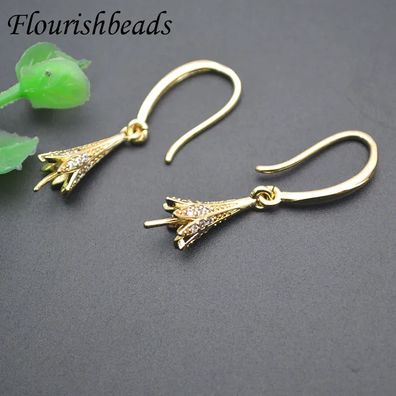 Copper Gold Plated Flower Shape Ear Wire Empty Bracket Paved Zirconia for DIY Pearl Dangle Earrings 30pcs/lot