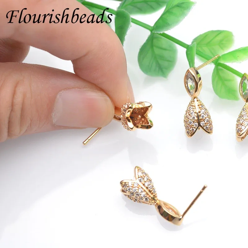 Luxurious Paved CZ Beads Double Flower Petal Leaf Tassel Earring Hooks Fit 6mm Gemstone Beads Jewelry Findings 10pc/lot