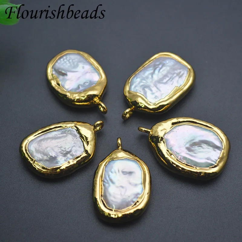 18k Gold Plated Irregular Flat Round Natural Baroque Pearl Pendant for DIY Bohemian Necklace Jewelry
