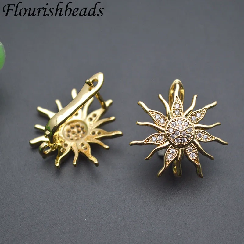 Metal Brass Real Gold Plated Sun Flower Shape 18k Earring Hooks Paved CZ Beads Earwire Fasteners Jewelry Findings
