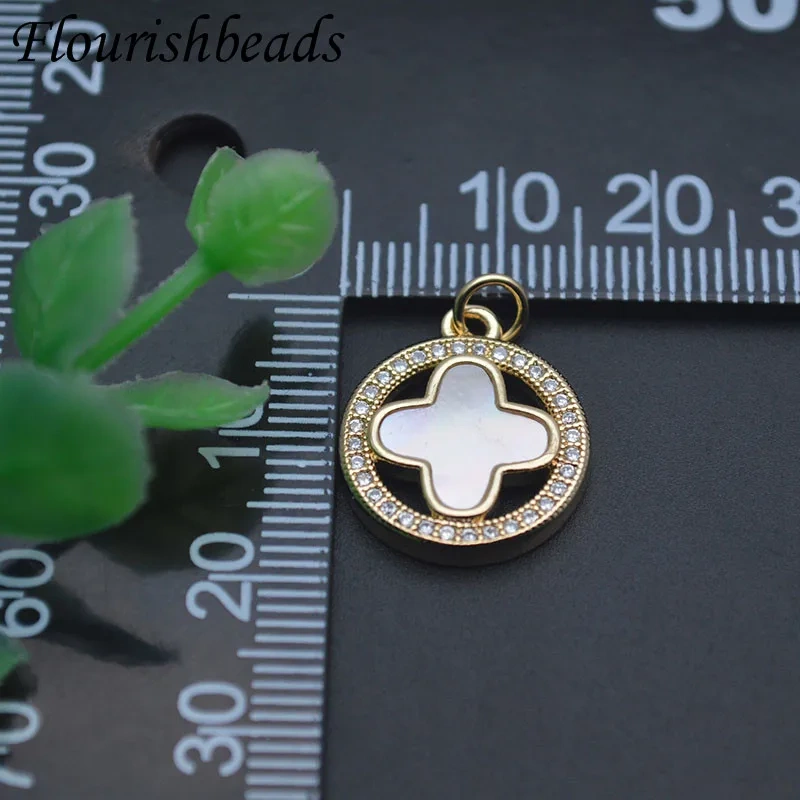 18K Real Gold Plated Paved CZ Beads Flower Shape Pendant Natural MOP Charms for DIY Jewelry Making Necklace 10-20pcs/lot