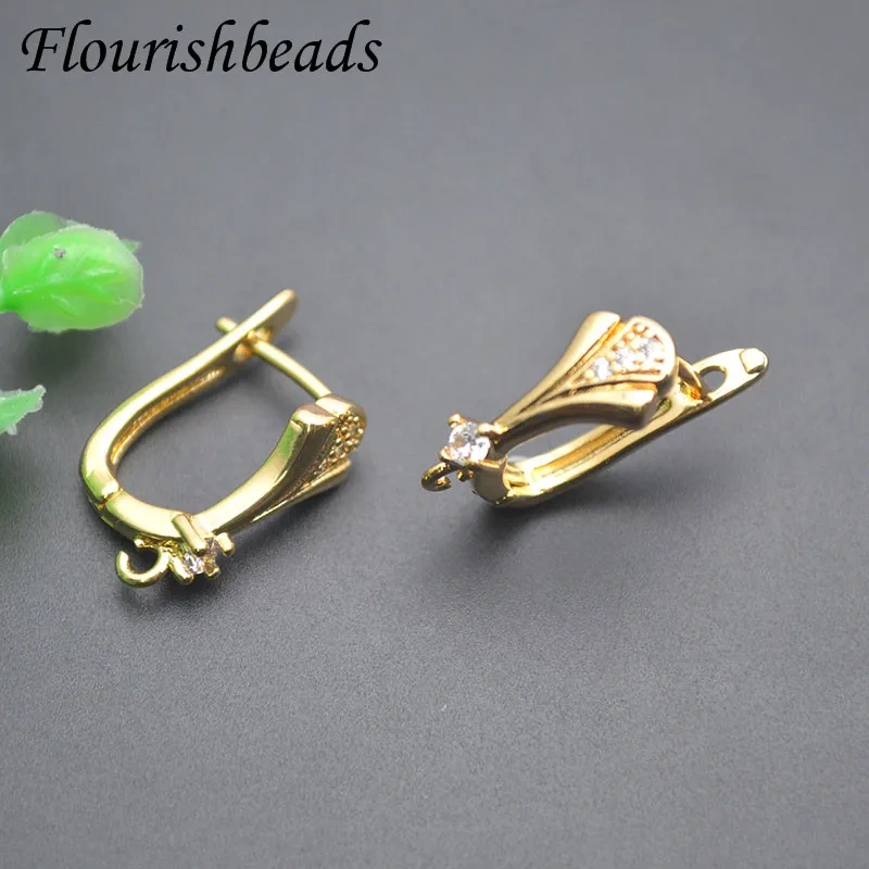 Real Gold Plated 18k Gold Leaf Shape Paved CZ Beads Earring Hooks Schwenzy Accessories for Women DIY Jewelry Making 30pcs/lot