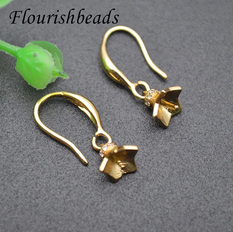 30pcs/lot  Real Gold Plating Fish Wire Earring Hooks CZ Paved Flower Pins Fit Half Hole Beads Dangle Earrings Making