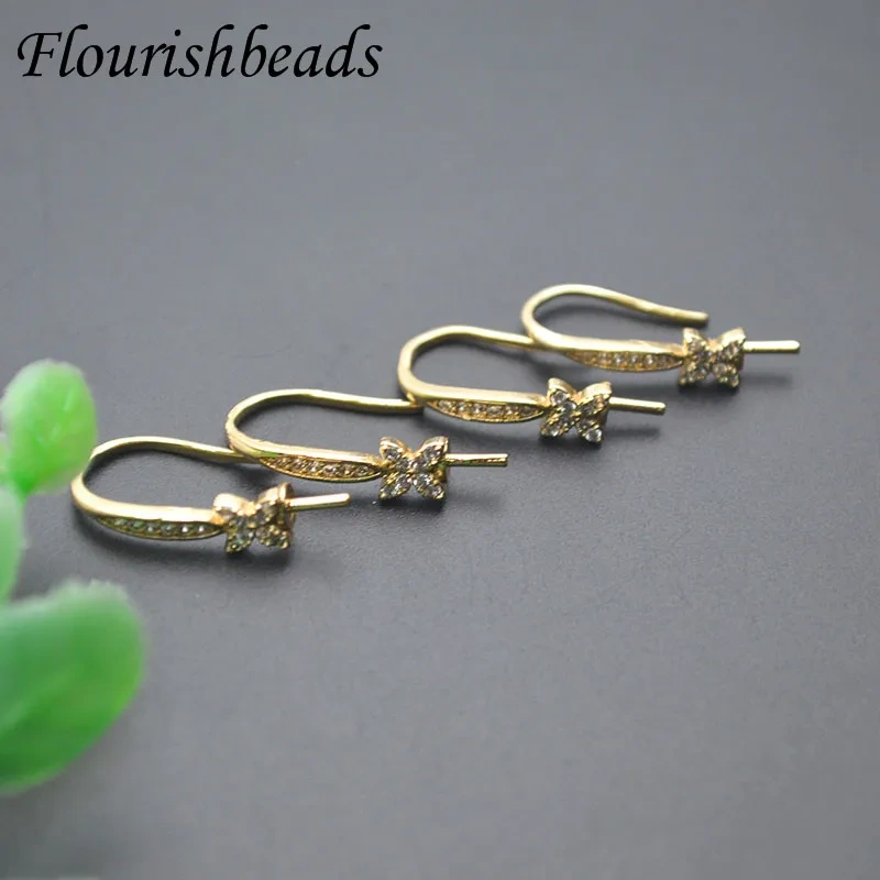 10x19mm Gold Color Paved CZ Beads Earring Findings Stud Earwire DIY Half Hole Pearl Earrings Jewelry Making Accessories 30pcs