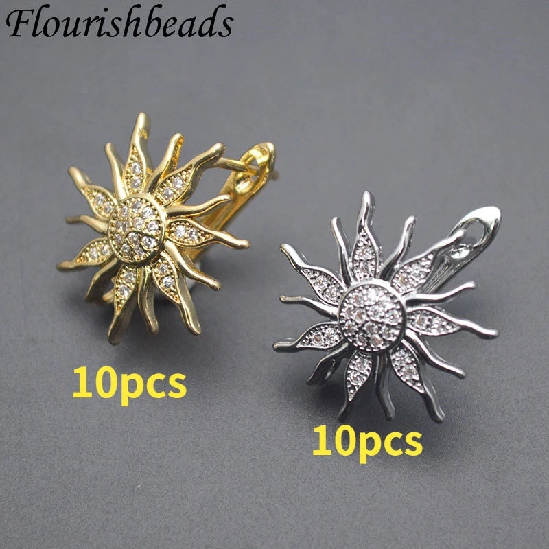 Metal Brass Real Gold Plated Sun Flower Shape 18k Earring Hooks Paved CZ Beads Earwire Fasteners Jewelry Findings