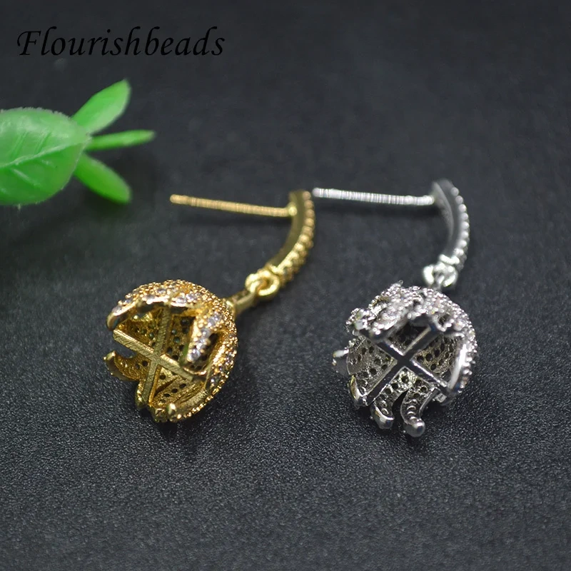 High Quality Gold Silver Color Flower Dangling Ear Hook Stud Earrings CZ Beads Paved Fashion Women Nickel Free Party Jewelry