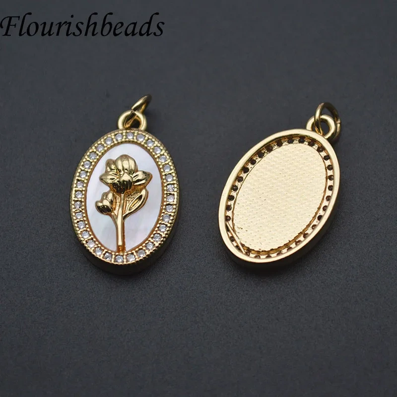 Wholesale Natural Mother of Pearl Pendant Oval Rose Shape Paved Zirconia Charms for DIY Fashion Jewelry Necklace