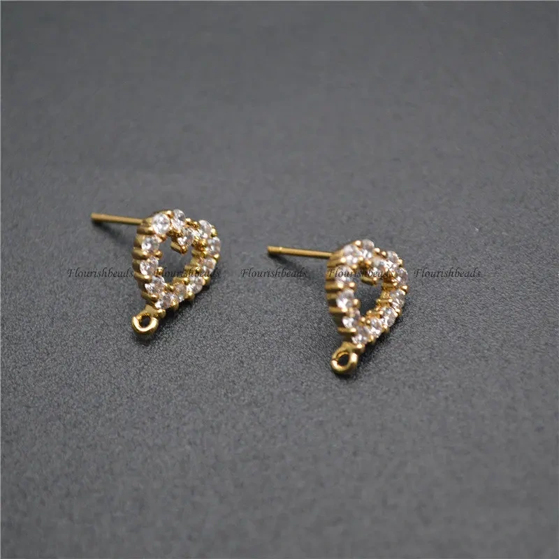 New Design CZ Zircon Beads Paved Heart Shape Metal Earrings Stud Brass Jewelry Findings Gold Color / Rhodium Silver Color 30pcs