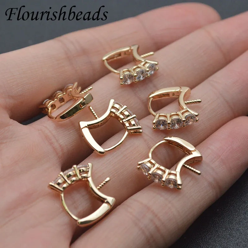 Real Gold Plating CZ Beads Paved Spiral Pin Style Fit Half Hole Beads Earring Stud Hooks Clasp for Jewelry Making 30pcs/lot