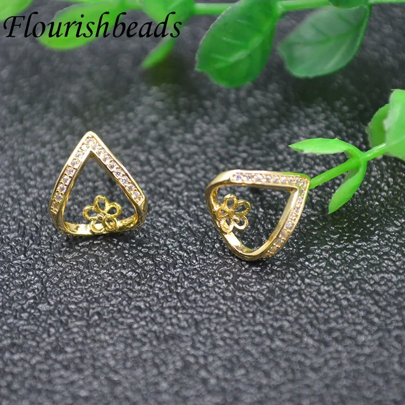 Anti-rust CZ Beads Paved Gold Color Heart Earring Hooks Stud For DIY Half Hole Beads Jewelry Making Supplies 10Pairs per lot