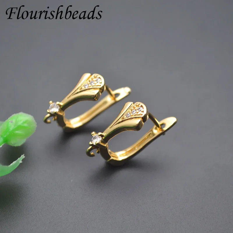Real Gold Plated 18k Gold Leaf Shape Paved CZ Beads Earring Hooks Schwenzy Accessories for Women DIY Jewelry Making 30pcs/lot