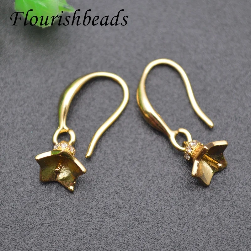30pcs/lot  Real Gold Plating Fish Wire Earring Hooks CZ Paved Flower Pins Fit Half Hole Beads Dangle Earrings Making
