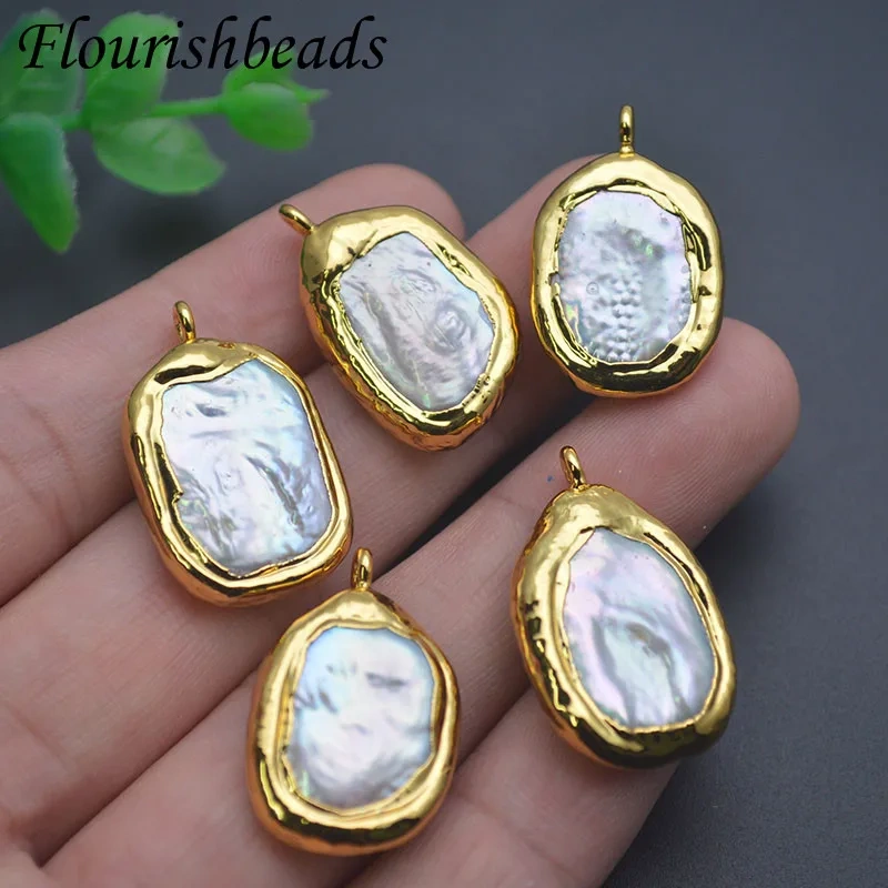 18k Gold Plated Irregular Flat Round Natural Baroque Pearl Pendant for DIY Bohemian Necklace Jewelry