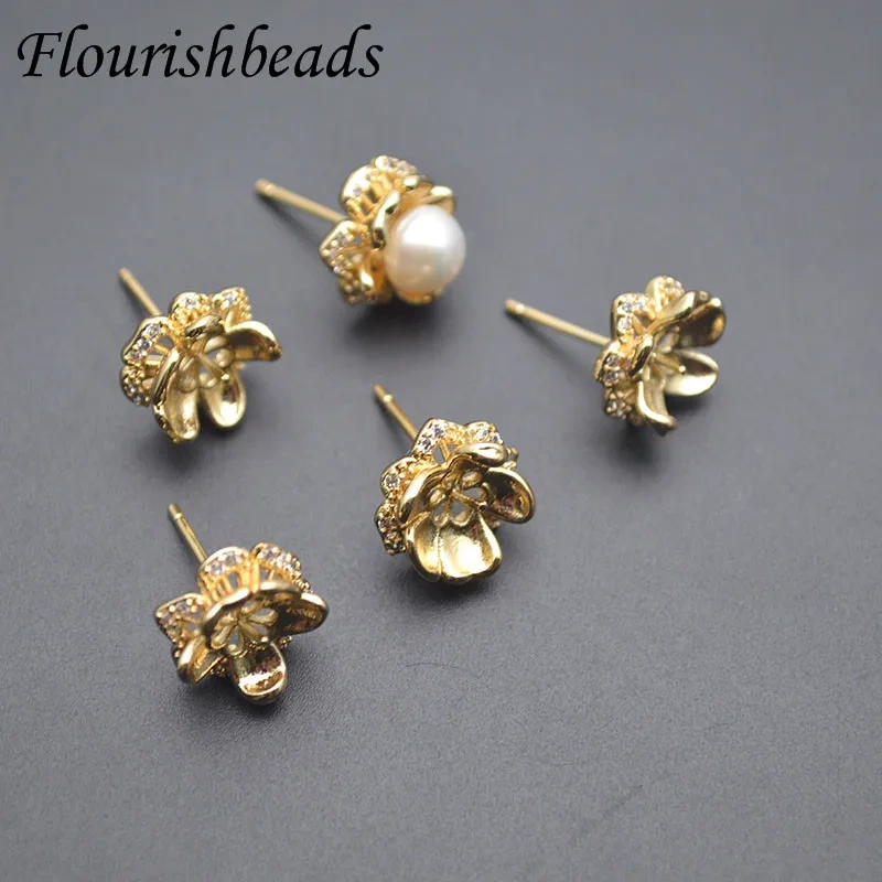 Gold Color Flower Shape Paved CZ Beads Stud Earring for Half Hole Bead Earring Making 30pcs/lot
