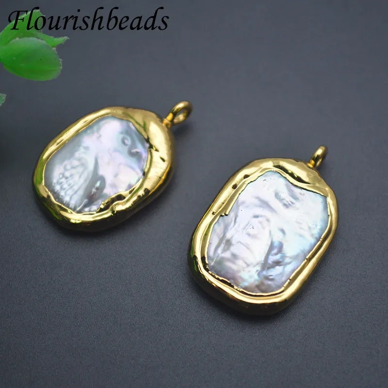 18k Gold Plated Irregular Flat Round Natural Baroque Pearl Pendant for DIY Bohemian Necklace Jewelry