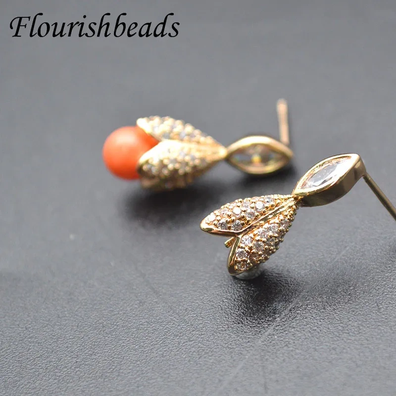 Luxurious Paved CZ Beads Double Flower Petal Leaf Tassel Earring Hooks Fit 6mm Gemstone Beads Jewelry Findings 10pc/lot