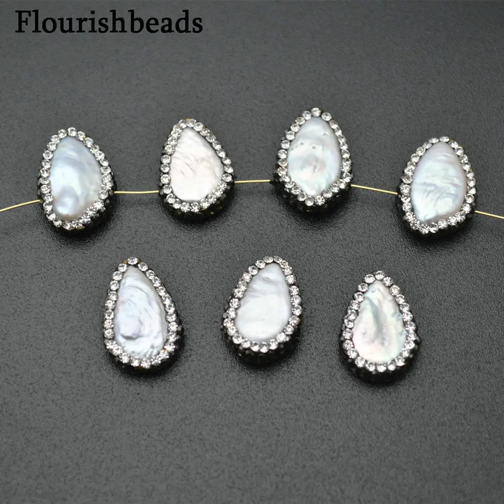 Hole on Side Natural Fresh Water Pearl Flat Drop Loose Beads Paved Black Crystals on Side for Jewelry Making