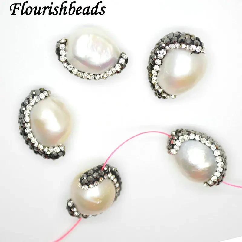 5pc Paved Black Crystal Natural White Pearl Oval Loose Beads DIY Fashion Jewelry making supplies