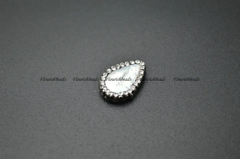 Hole on Side Natural Fresh Water Pearl Flat Drop Loose Beads Paved Black Crystals on Side for Jewelry Making