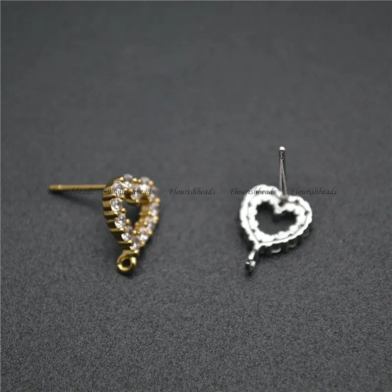 New Design CZ Zircon Beads Paved Heart Shape Metal Earrings Stud Brass Jewelry Findings Gold Color / Rhodium Silver Color 30pcs