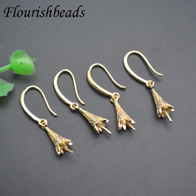 Copper Gold Plated Flower Shape Ear Wire Empty Bracket Paved Zirconia for DIY Pearl Dangle Earrings 30pcs/lot